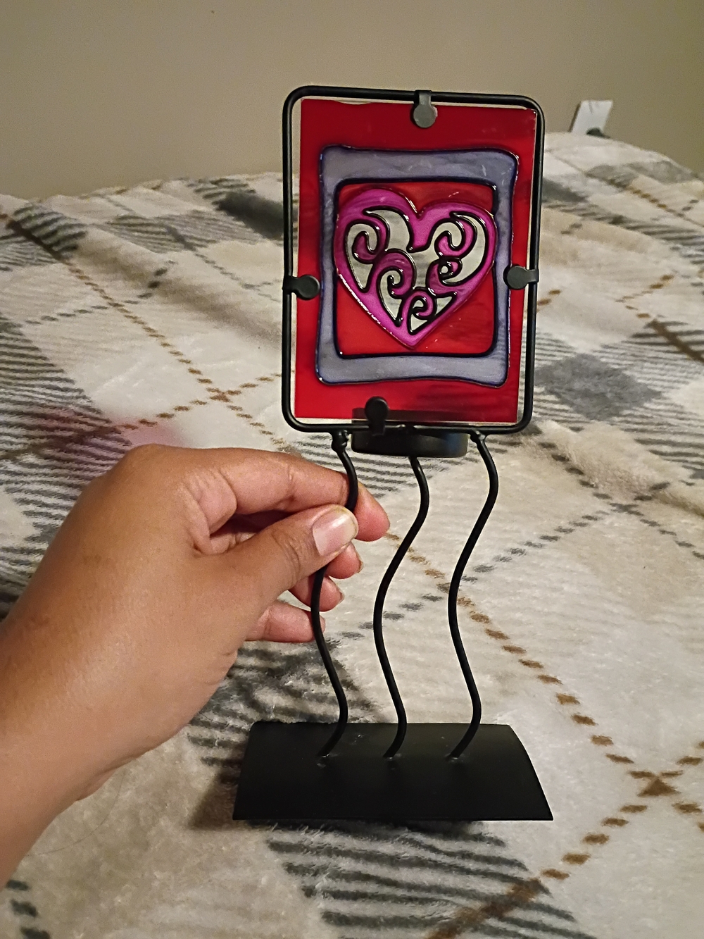 Handcrafted Red Heart Stained Glass Accent Candle Holder - Unbranded